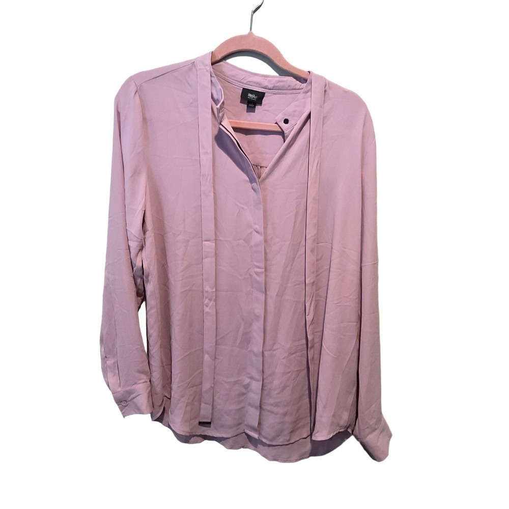 Mossimo Button-Up Top Women's SZ Large Pink Long‎ Sleeve Tie Round Neck Viscose